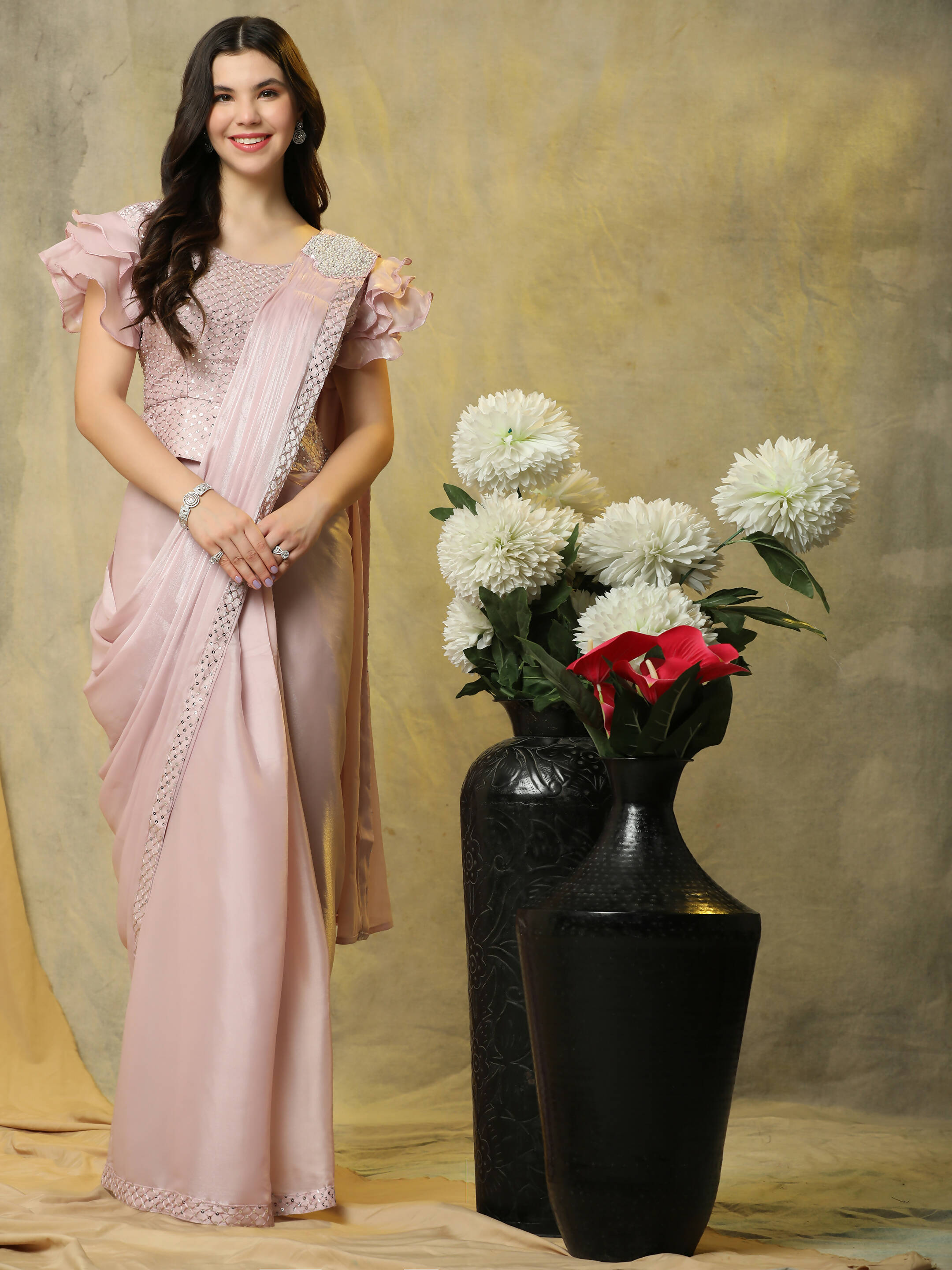 Light Pink Silk Satin Sequence Work Ready to Wear Saree with stitched Blouse - Nirvana - Distacart