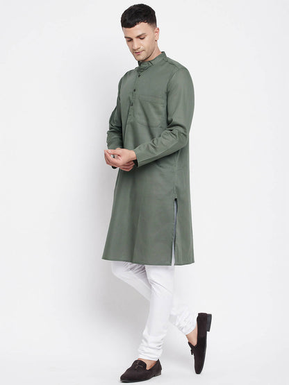 Even Apparels Green Color Linen Men's Kurta With Band Collar - Distacart