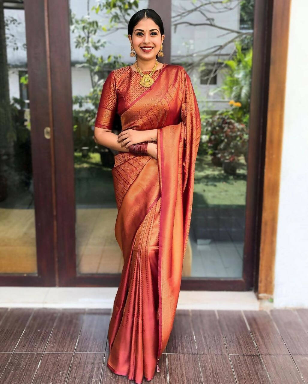 DEIANA'S Beautiful Golden Jari with New Design Soft Lichi Silk Saree - Maroon - Distacart