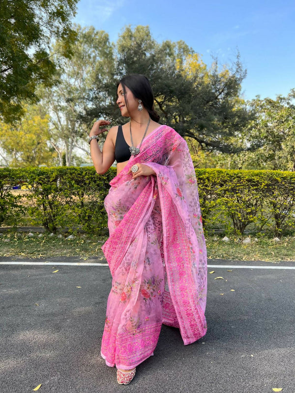 Vastrasky Pink Organza Saree - Distacart