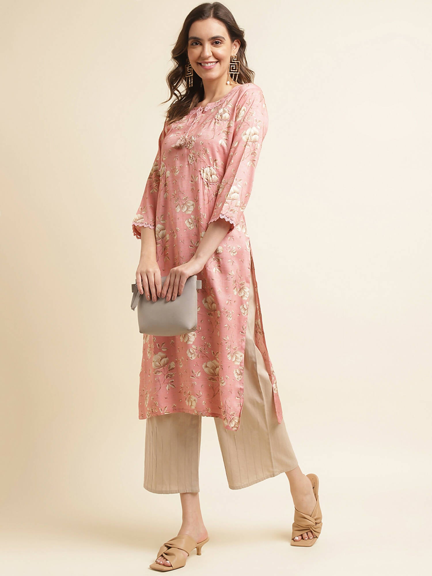 Pink Poly Rayon Floral Printed Straight Kurta - Prasuti - Distacart