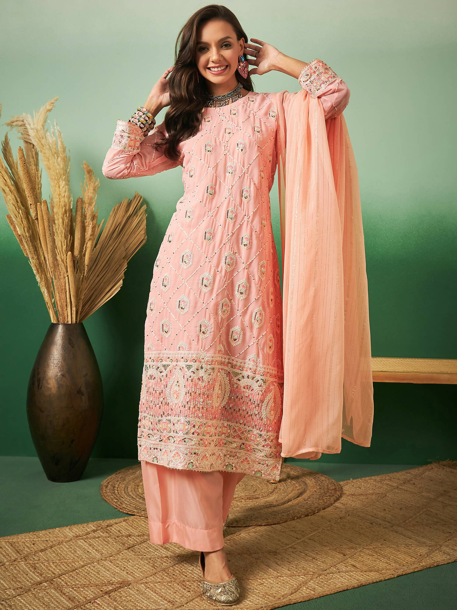 Peach Georgette Handwork Unstitched Dress Material - Hanika - Distacart