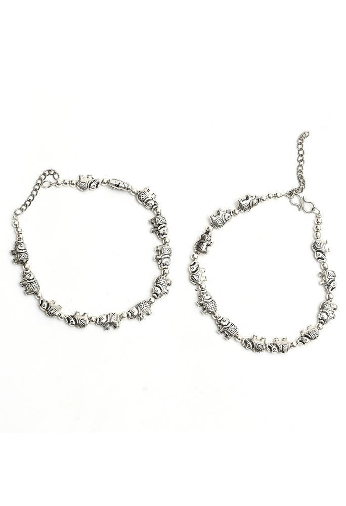 Mominos Fashion Kamal Johar Oxidised Elephant Design Silver Anklets