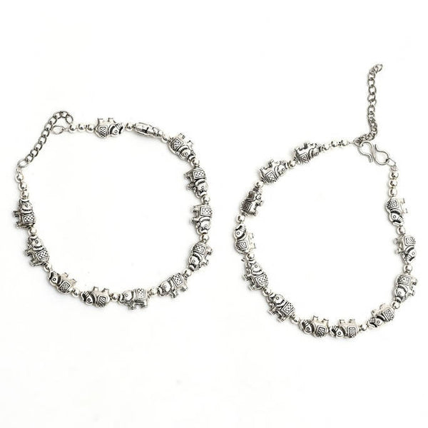 Mominos Fashion Kamal Johar Oxidised Elephant Design Silver Anklets