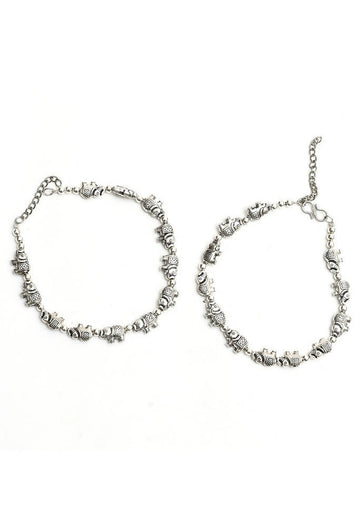 Mominos Fashion Kamal Johar Oxidised Elephant Design Silver Anklets
