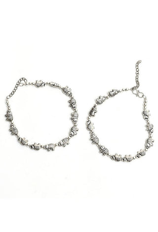 Mominos Fashion Kamal Johar Oxidised Elephant Design Silver Anklets
