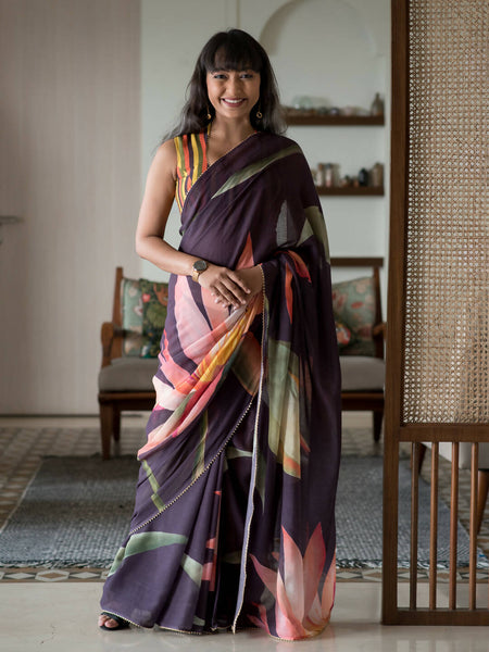 Suta Purple Floral Pure Cotton Saree - Distacart