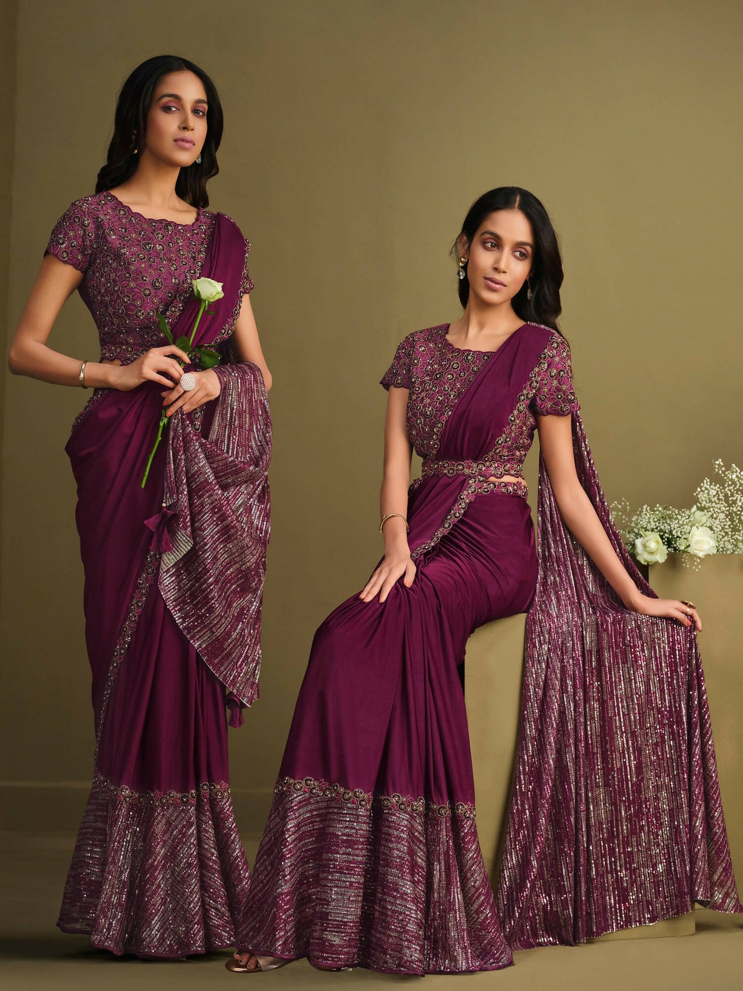 Maroon Crystal Silk Sequence Embroidered Saree With Stitched Blouse - Mohmanthan La Belle - Distacart