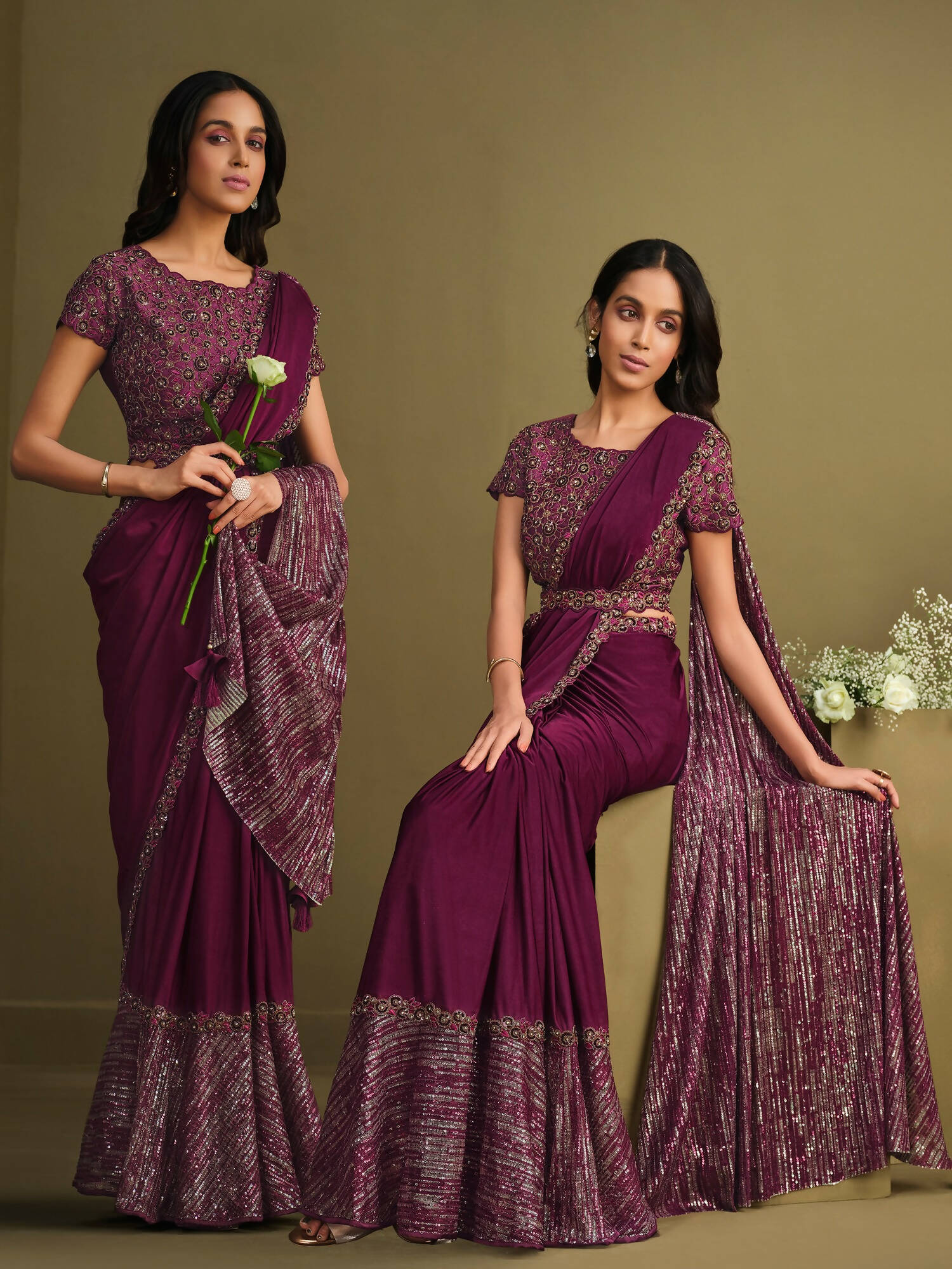 Maroon Crystal Silk Sequence Embroidered Saree With Stitched Blouse - Mohmanthan La Belle - Distacart