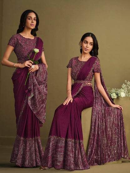 Maroon Crystal Silk Sequence Embroidered Saree With Stitched Blouse - Mohmanthan La Belle - Distacart