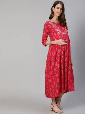 Anubhutee Fuchsia Pink Ethnic Motifs Maternity A-Line Midi Dress - Distacart