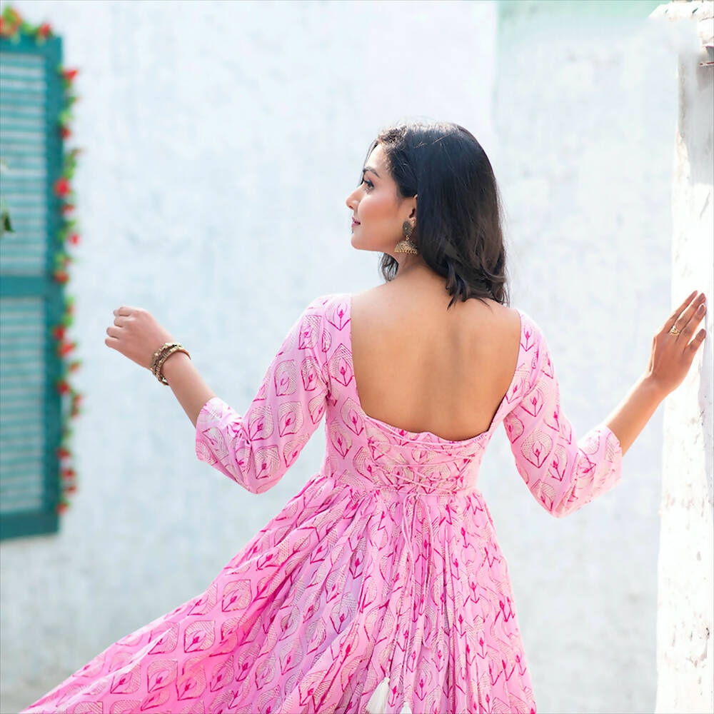 Partywear Designer Digital Printed Light pink Pure Maslin Gown - Anbazaar - Distacart