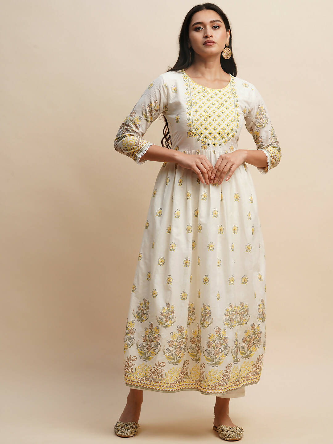 White And Yellow Pure Cotton Floral Printed Anarkali Kurta And Bottom With Dupatta - Akashara - Distacart