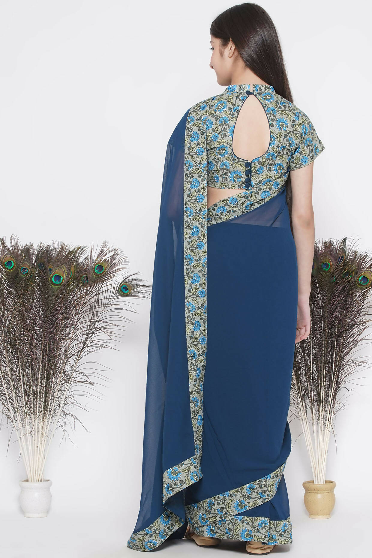 Little Bansi Floral Print Ready To Wear Saree And Floral Blouse - Blue - Distacart