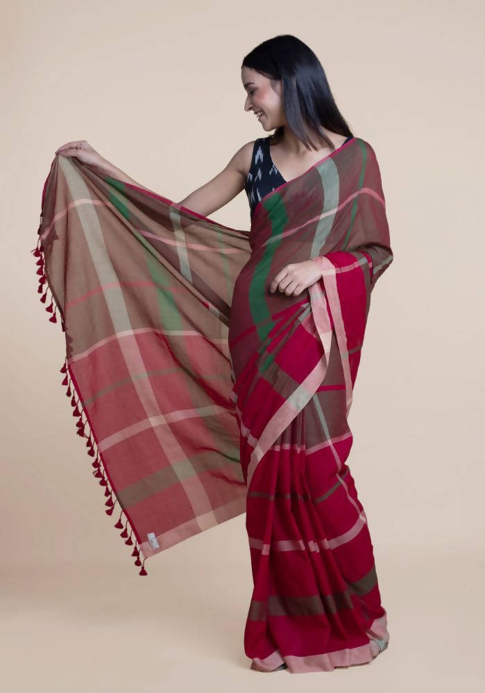 Suta Women Maroon Green Pure Handloom Cotton Saree - Distacart