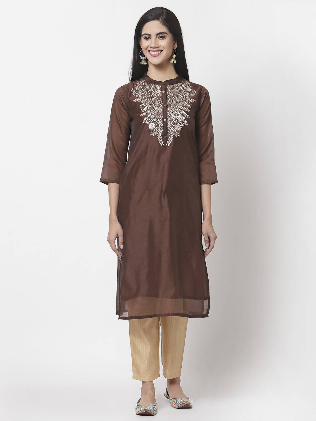 Myshka Women Maroon Chanderi Embroidered 3/4 Sleeve Round Neck Kurta