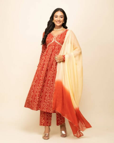 FIORRA Women's Red Cotton A-Line Kurta Pant With Dupatta - Distacart
