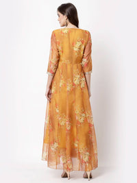 Thumbnail for Myshka Women's Brown Organza Printed 3/4 Sleeve V Neck Casual Dress