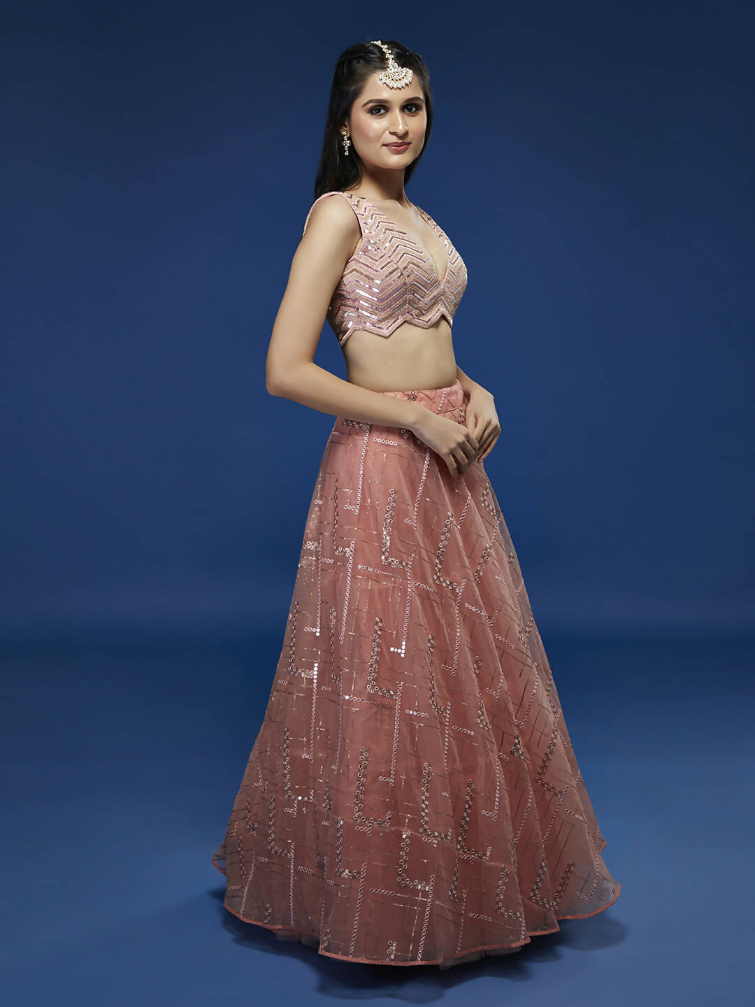 House of Panchhi Peach Net Sequinse Embroidered Lehenga & Blouse with Dupatta - Distacart