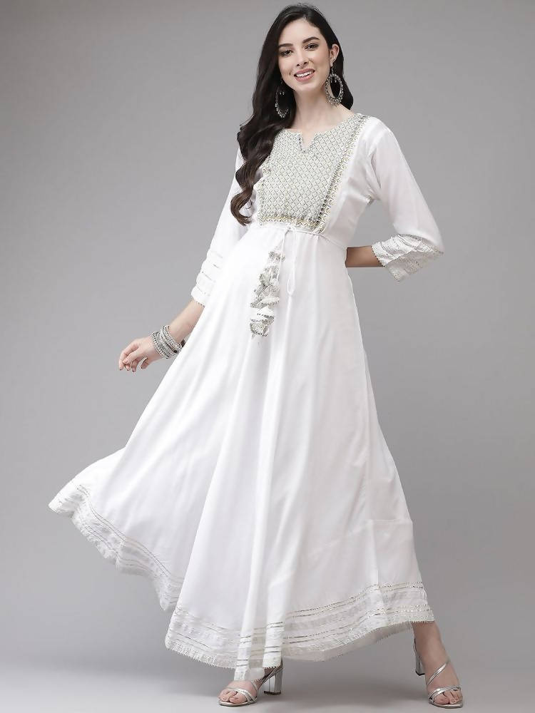 Yufta White Embroidered Ethnic Maxi Dress