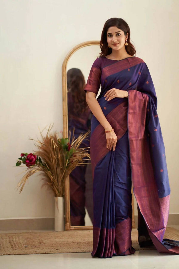 DEIANA'S Beautiful Golden Jari with New Design Soft Lichi Silk Saree - Navy Blue - Distacart