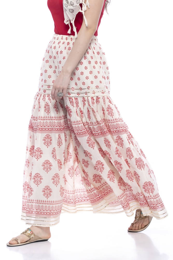 Mominos Fashion Cotton Block Print With Lace Work Off White Red Color Prints Palazzo - Distacart