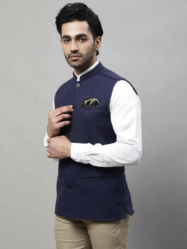 Even Apparels Pure Wool Nehru Jacket - Navy - Distacart