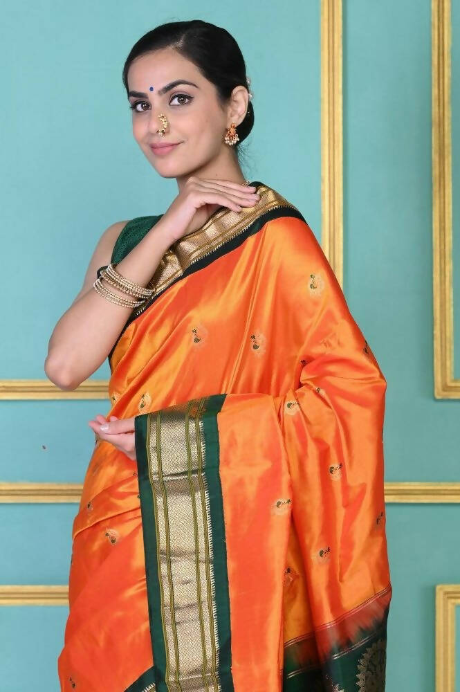 Very Much Indian Authentic Pure Silk Handloom Orange Maharani Paithani - Distacart