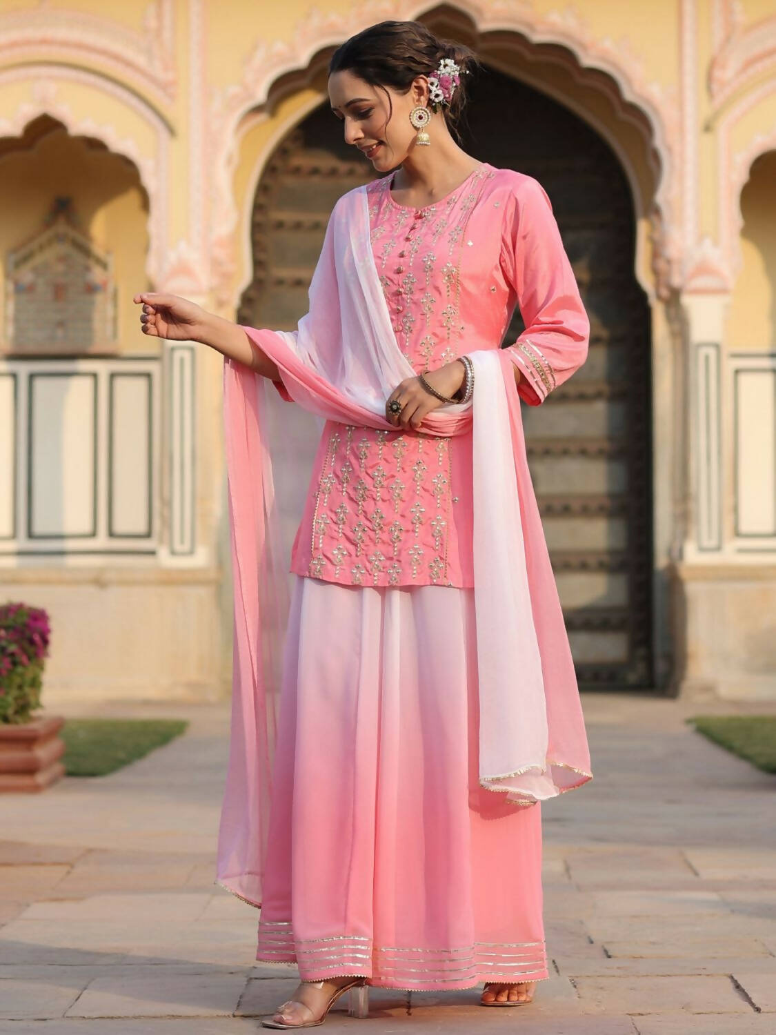 Juniper Women Pink Shantoon Embroidered Kurta, Palazzo and Dupatta Set - Distacart