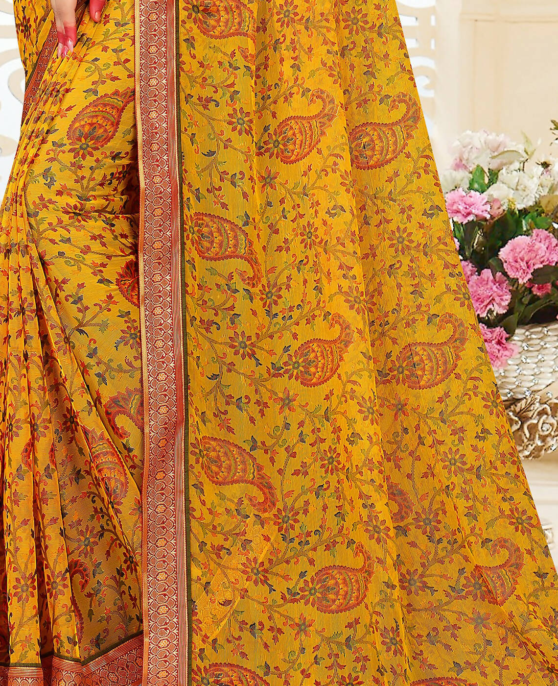 Yellow Chiffon Brasso Printed Saree With Unstitched Blouse Piece - Jyoti - Distacart