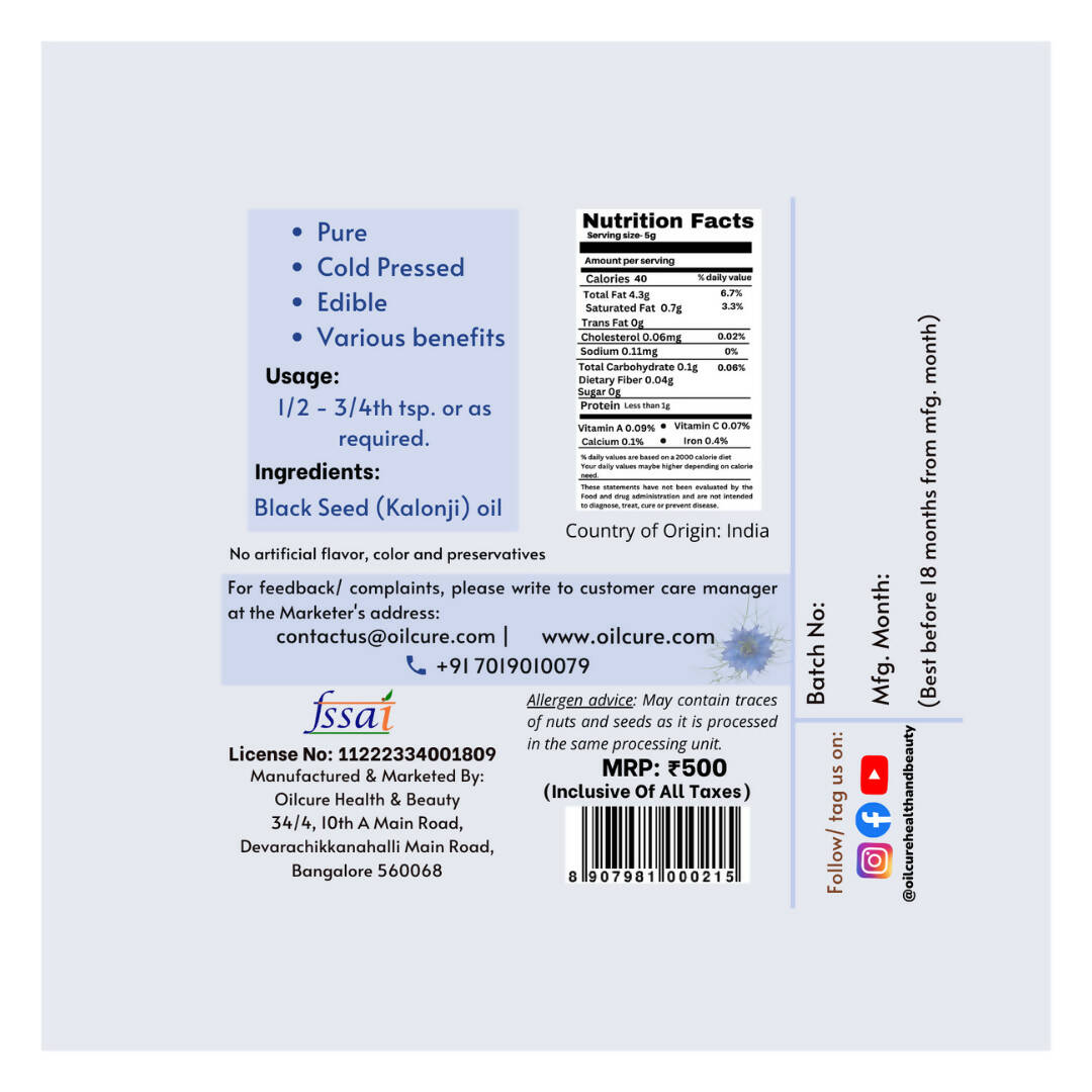 Oilcure Kalonji Oil Cold Pressed - Distacart