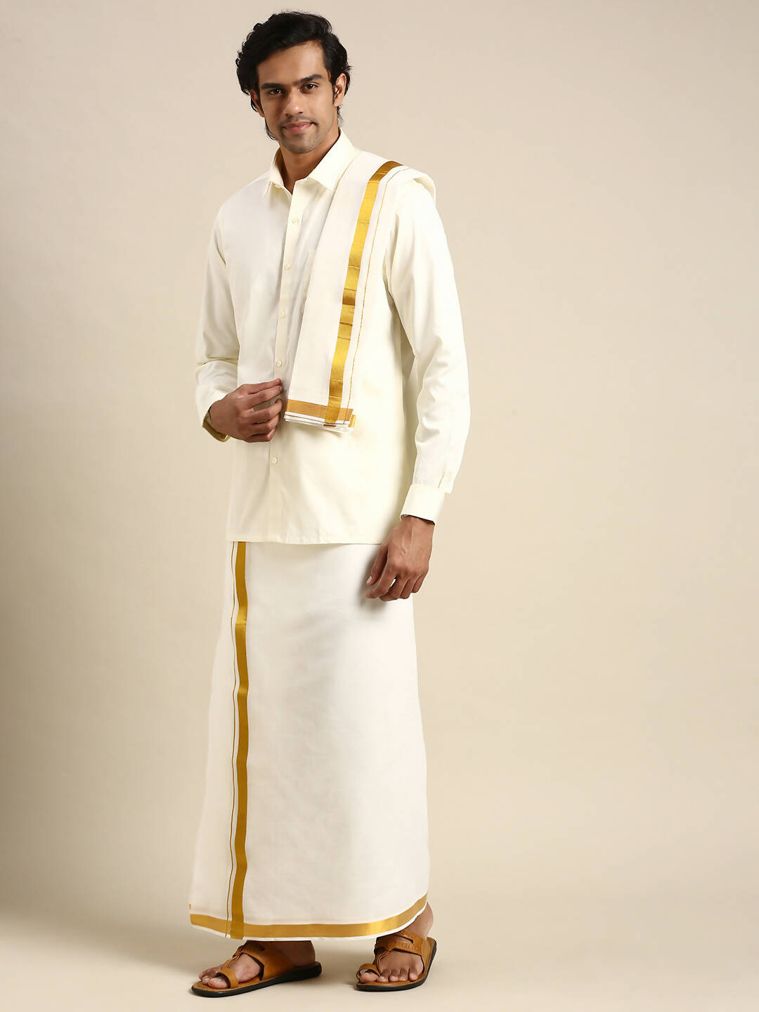Ramraj Cotton Mens Wedding Cream Regular Dhoti, Shirt & Towel Set Subhakalyan 1/2" - Distacart