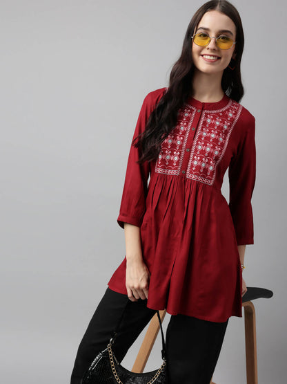 Red Rayon Yoke Embroidered A-line Top - Tarini - Distacart