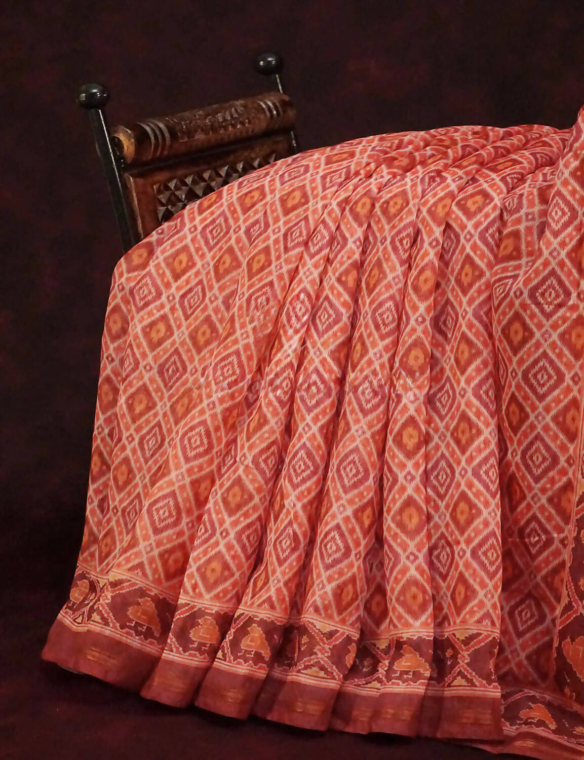Peachish Orange Diamond Printed Semi Chanderi Saree By Gayathri Reddy Designer Studio - Distacart