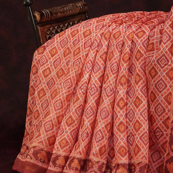 Peachish Orange Diamond Printed Semi Chanderi Saree By Gayathri Reddy Designer Studio - Distacart