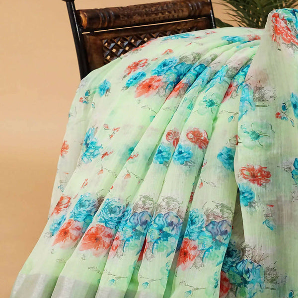Pastel Green and Blue Digital Prin Semi Chanderi Saree By Gayathri Reddy Designer Studio - Distacart