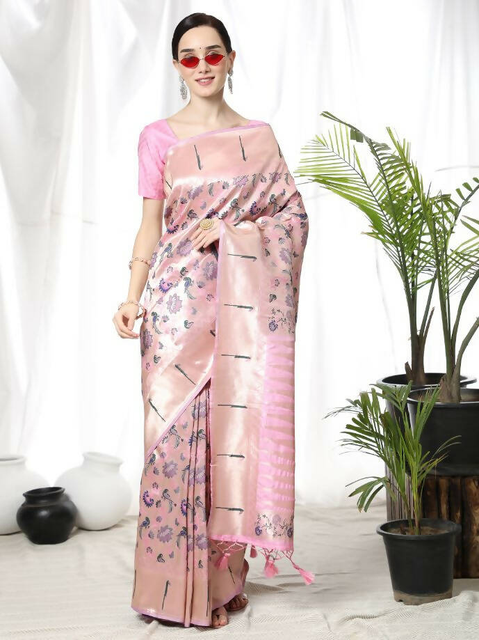 Vishnu Weaves Women's Baby Pink Paithani Silk Zari Woven Saree with Unstitched Blouse - Distacart