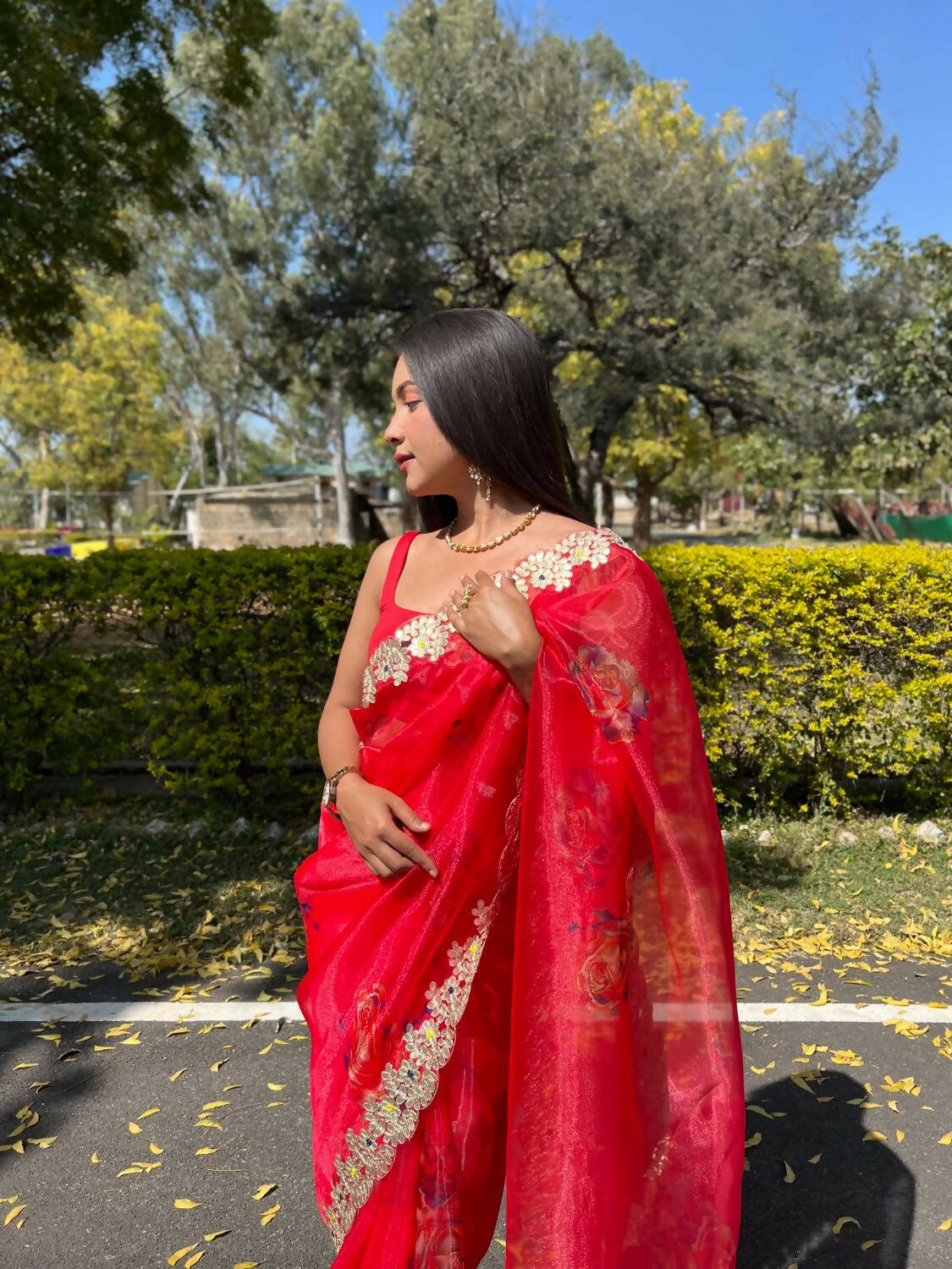 Vamsee Red Organza Saree - Distacart