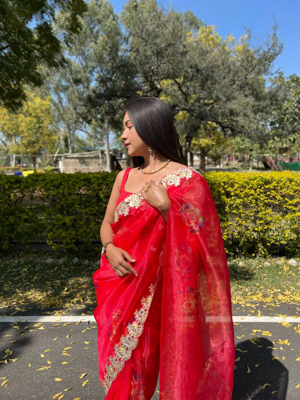 Vamsee Red Organza Saree - Distacart