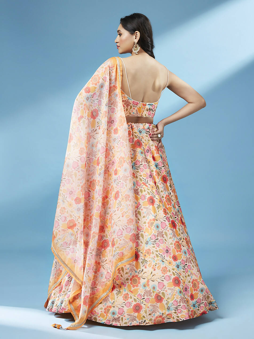 House of Panchhi Orange Organza Floral Printed Lehenga choli & Dupatta - Distacart