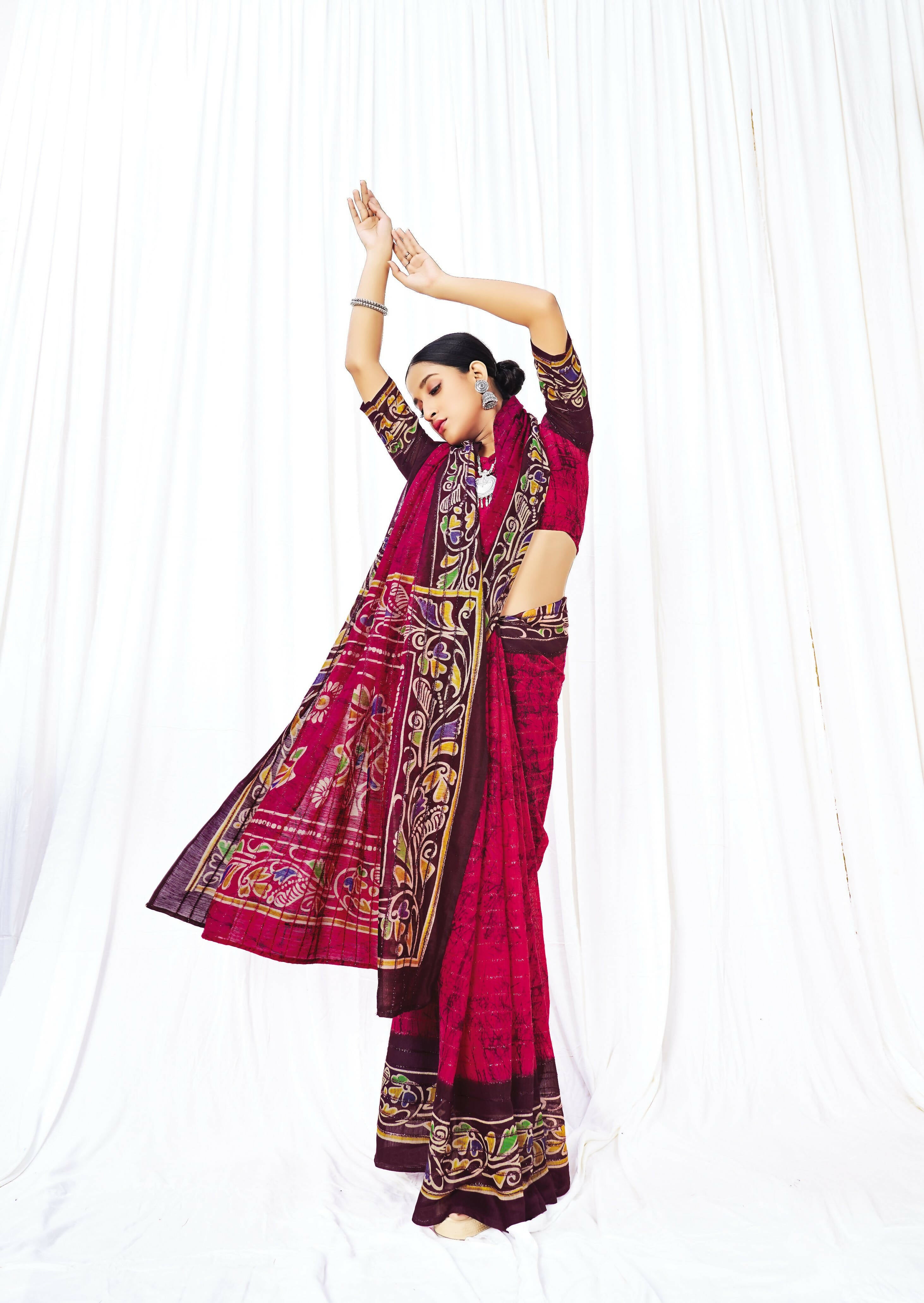 Red Chanderi Cotton Floral Printed Saree With Unstitched Blouse Piece - Kathika - Distacart