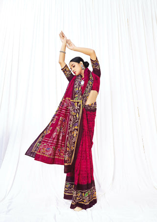 Red Chanderi Cotton Floral Printed Saree With Unstitched Blouse Piece - Kathika - Distacart