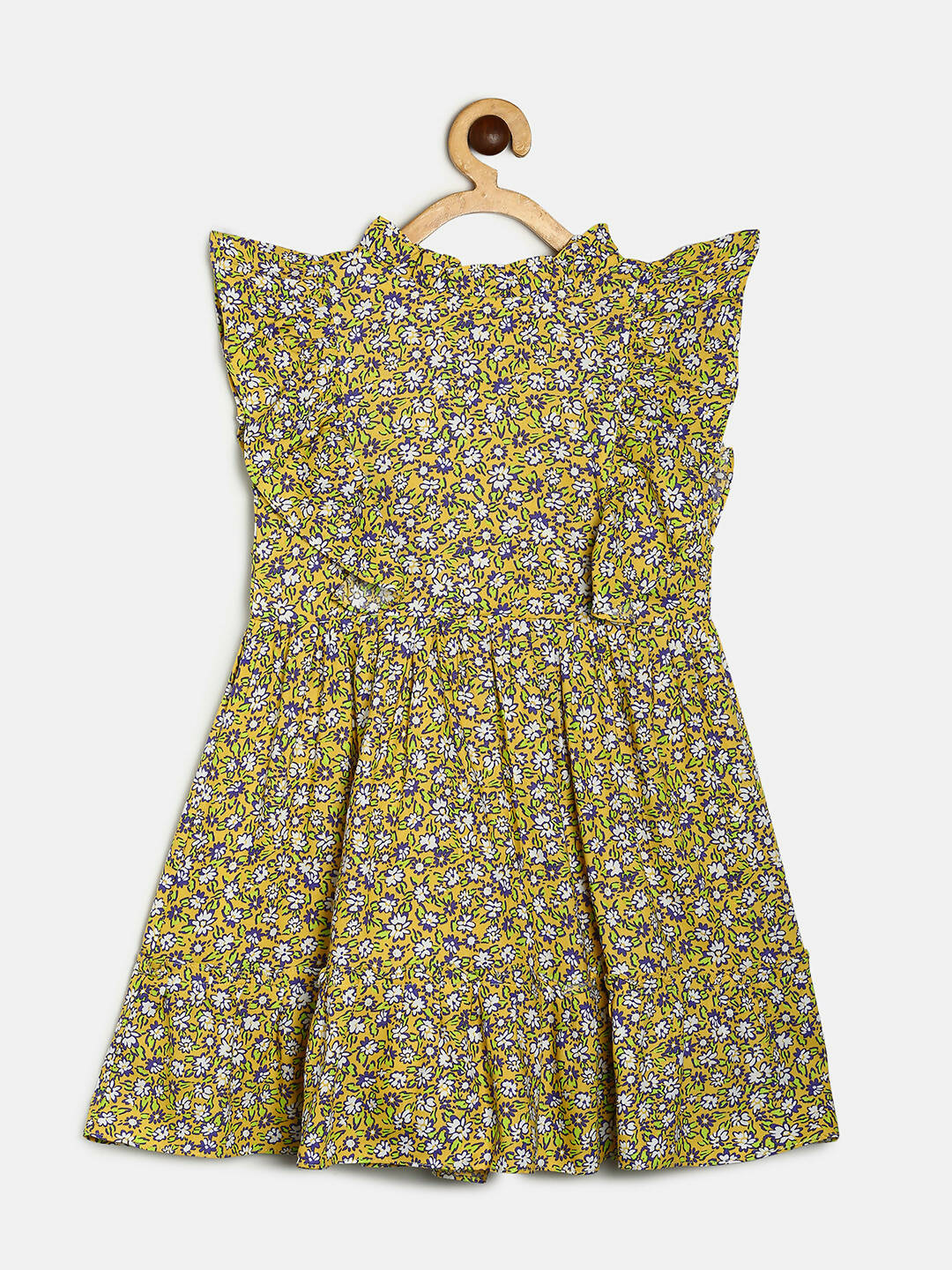 Manet Girls Cotton Frill Sleeve Frock Flower Print - Mustard Yellow - Distacart