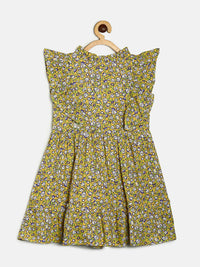 Thumbnail for Manet Girls Cotton Frill Sleeve Frock Flower Print - Mustard Yellow - Distacart