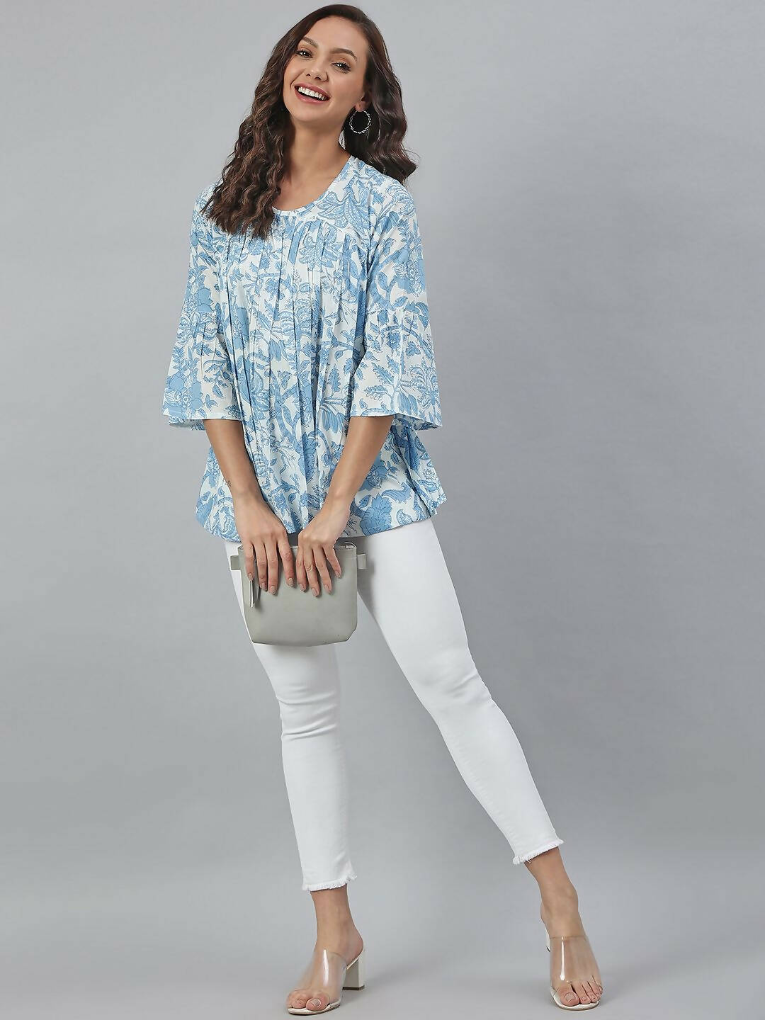 Janasya Women's White Cotton Floral Print Tiered Top - Distacart