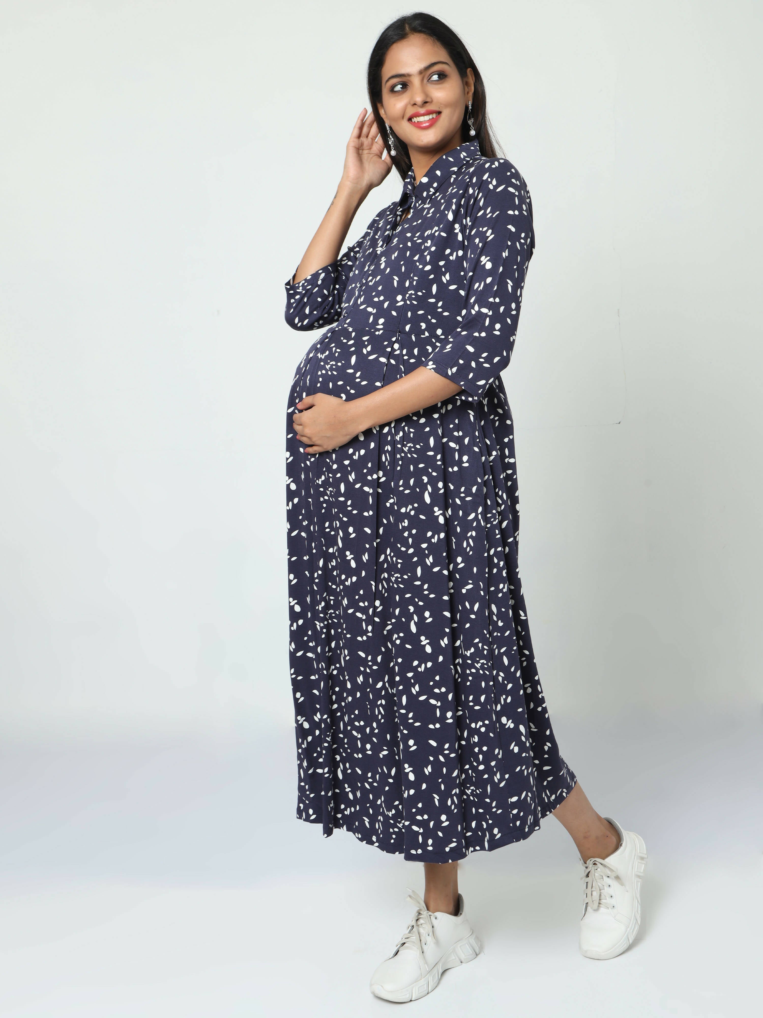 Manet Three Fourth Maternity Dress White Dot Print With Concealed Zipper Nursing Access - Navy Blue - Distacart