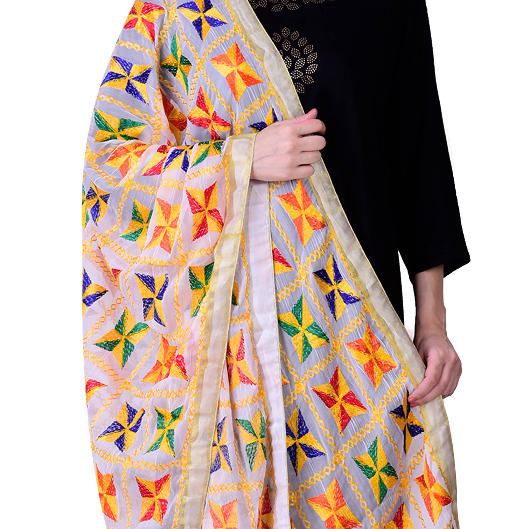 SWI Stylish Women's Embroidered Phulkari Chiffon White Dupatta