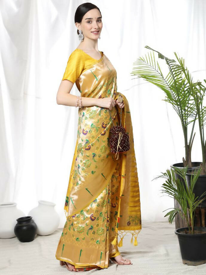 Vishnu Weaves Women's Yellow Paithani Silk Zari Woven Saree with Unstitched Blouse - Distacart
