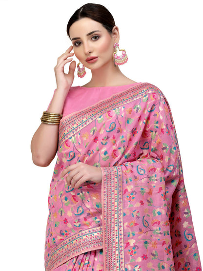 Pink Silk Blend Woven Design Saree With Unstitched Blouse Piece - Aloki - Distacart