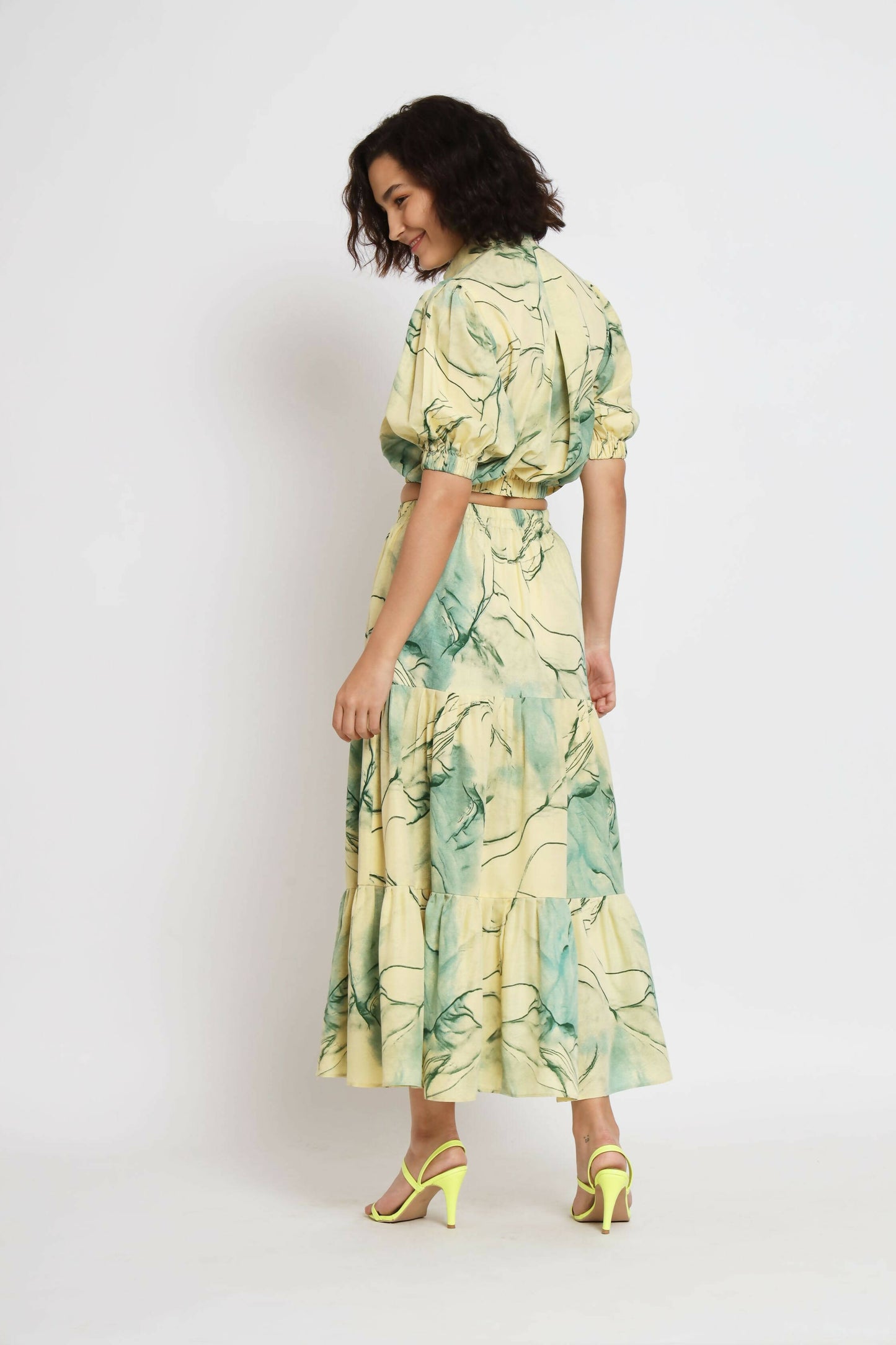 Green Rayon Tie dye Printed Top with Matching Skirt - Shivani - Distacart